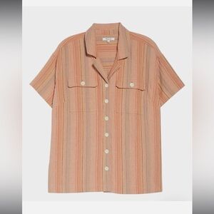 Madewell Stripe Stretch Cotton & Linen Camp Shirt Crinkle Fabric